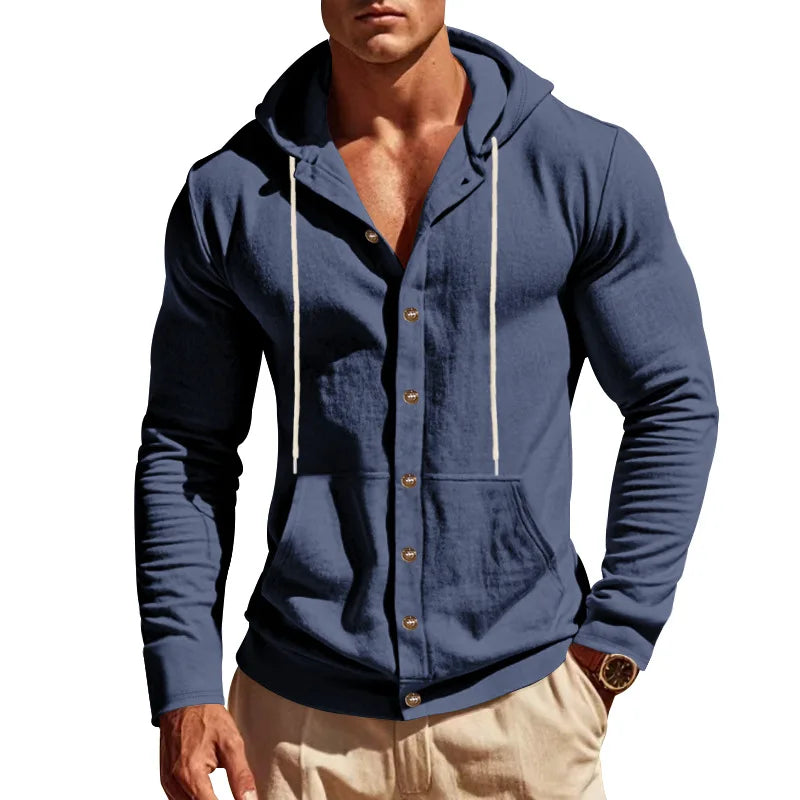 Men's Linen Hoodie Shirt Casual Slim Fit Hooded Long Sleeve Solid Button Down T-shirt Tops New Men Spring Summer Vacation Shirts