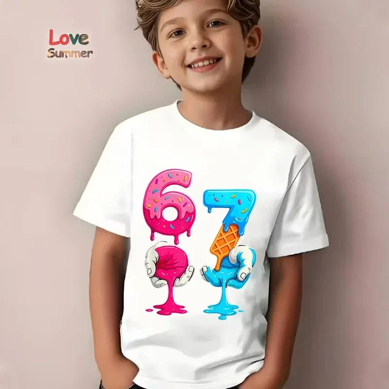 Boys' T-Shirt 6-7 Years T-Shirt 67 Number Print Casual Italian Brainrot Summer Top Suitable for Funny Gift for Casual Attire
