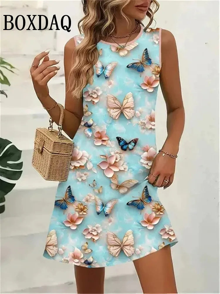 Dresses For Women 2025 Women Vacation Beach Summer Vest Butterfly Flowers Loose Dress Sundress Casual 3D Print Sleeveless Dress
