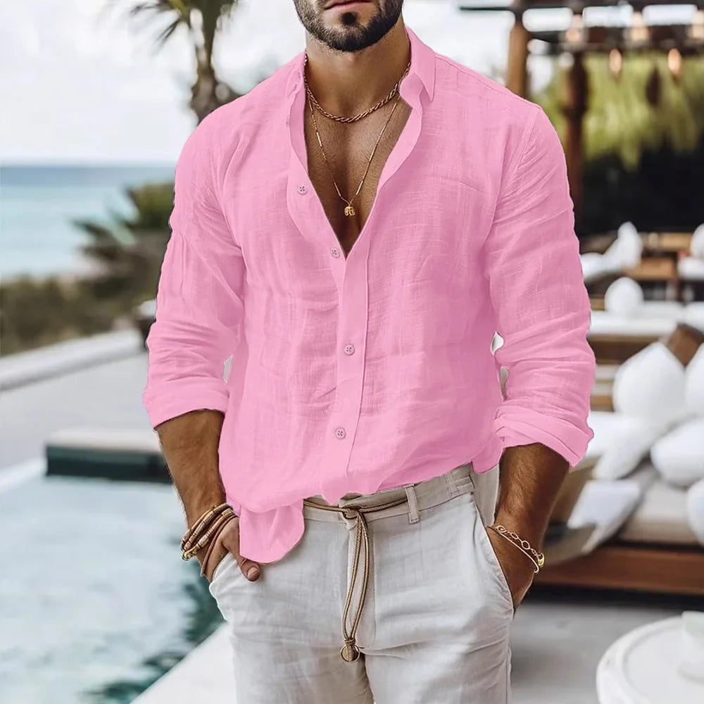 Chemise en coton et lin pour homme, style plage d'été, couleur unie, simple boutonnage, chemises respirantes, hauts boutonnés légers et élégants