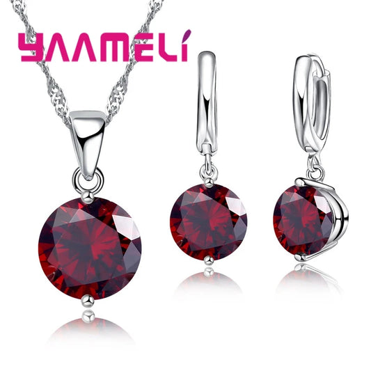 Parure Collier Pendentif & Huggies Argent 925 | CZ Autrichien Cristal | Mariage & Fiçailles | Femme Fille Cadeau