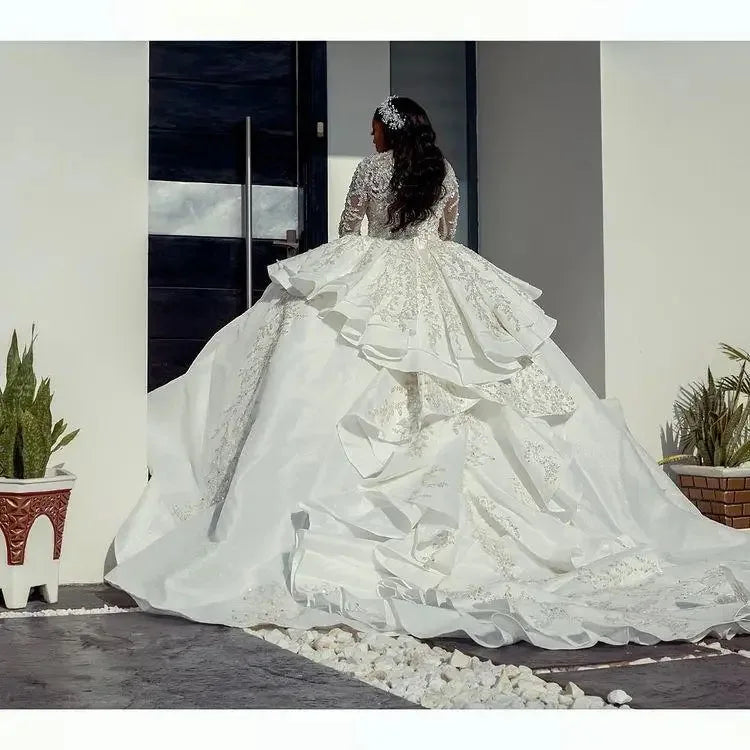 Gorgeous Sparkly Sequins Arabic Wedding Dress Long Sleeves African Bridal Gown Puffy Ruffles Dubai Robe De Mariage Customized