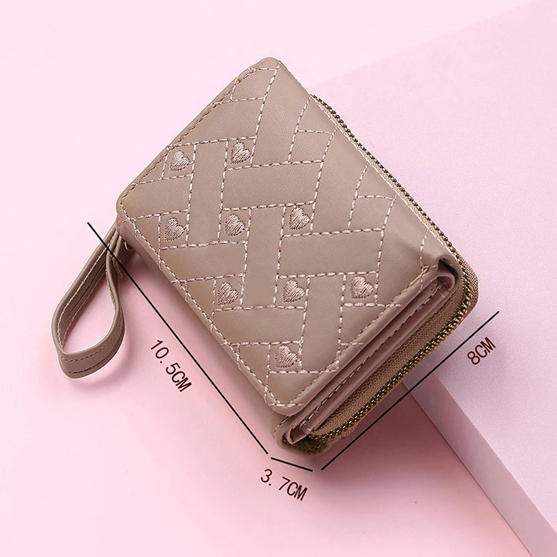Women's Tri-Fold Wallet PU Card Holder Multi-Object Pocket Short Fashion Embroidered Love Pattern Korean Minimalist New 2023