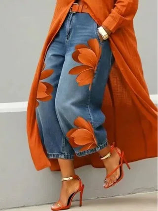 Jean Floral Imprimé Streetwear Femme | Taille Haute Ample | Jambe Large Décontracté | Grande Taille
