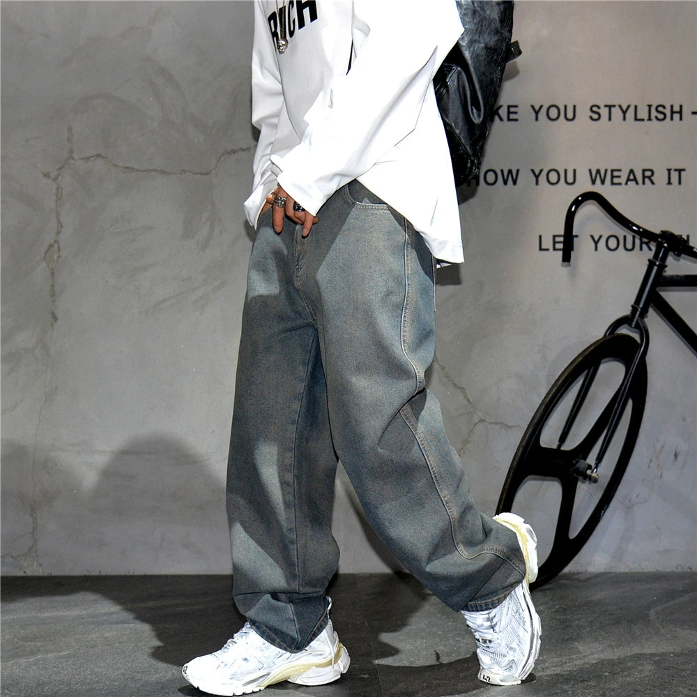 American Streetwear Baggy Jeans For Men's Clothing Vintage Distressed Gray Denim Pants Harajuku Casual Skateboard Pants Male