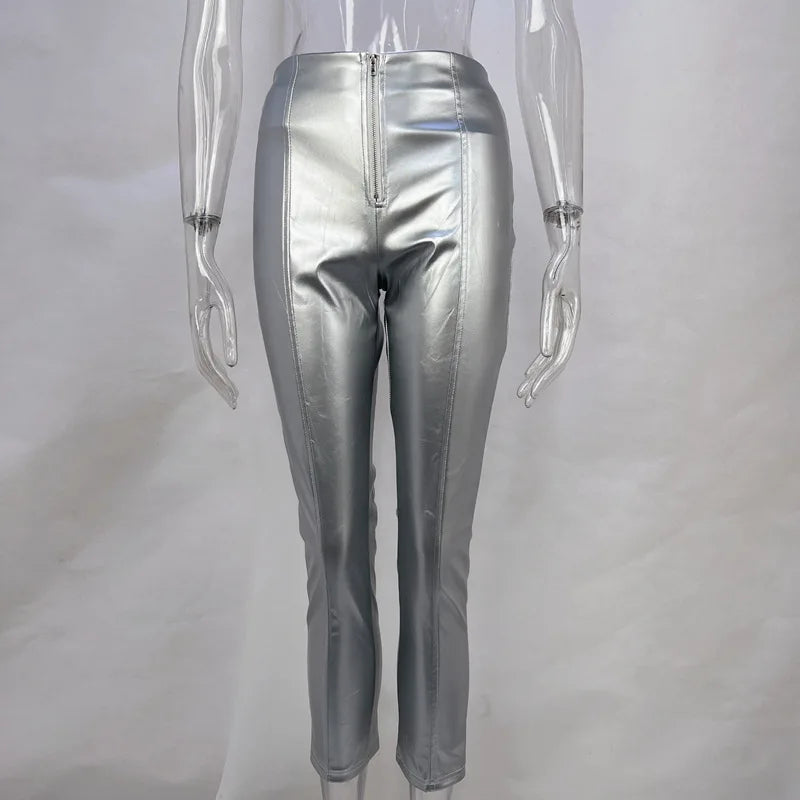 Women High Cut Fashion PU Leather Pencil Pants 2024 American And European Sexy Zipper Fly Legging Lady Slim Faux Leather Outfits