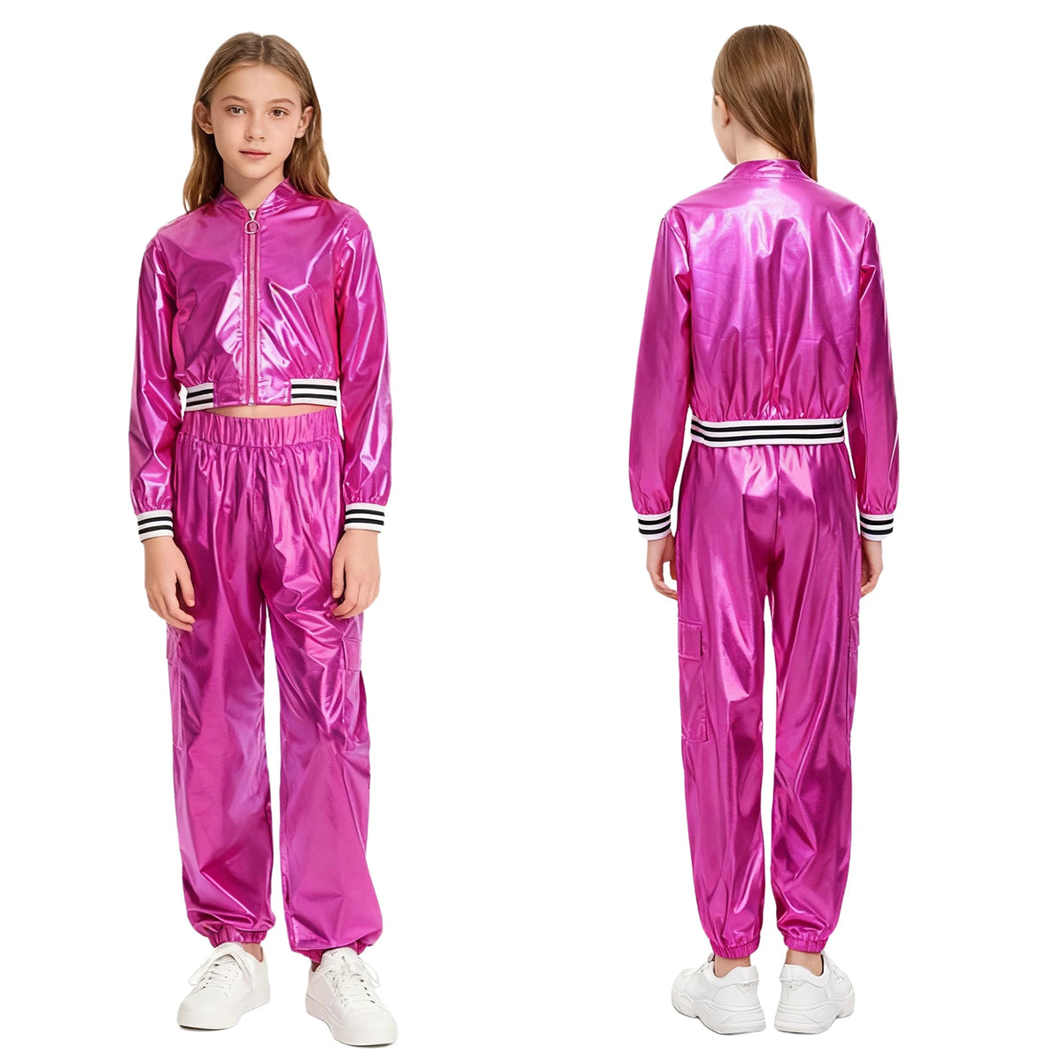 Ensemble Danse Fille Hip Hop | Veste Bomber Métallique & Pantalon | Costume Scène Carnaval Jazz