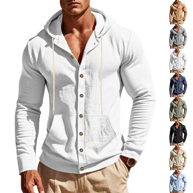 Men's Linen Hoodie Shirt Casual Slim Fit Hooded Long Sleeve Solid Button Down T-shirt Tops New Men Spring Summer Vacation Shirts
