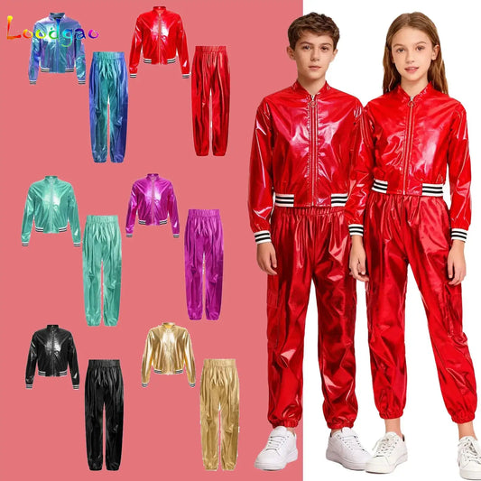 Kids Girls Sports Tracksuit Outfits Carnival Jazz Hip Hop Street Dance Performance Costume Metallic Bomber Jacket Coat Pants Set