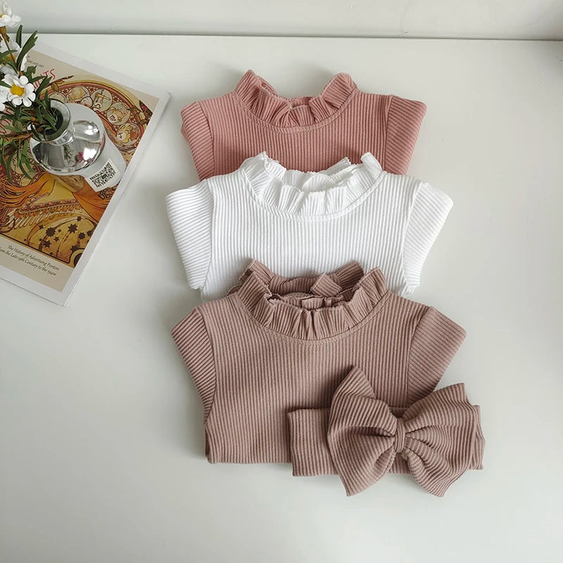 Fashion Toddler Baby Girls Romper Outfits Set Cotton Ribbed Flared Sleeve Jumpsuit + Bow Headband Sweet New Born Infant Clothing