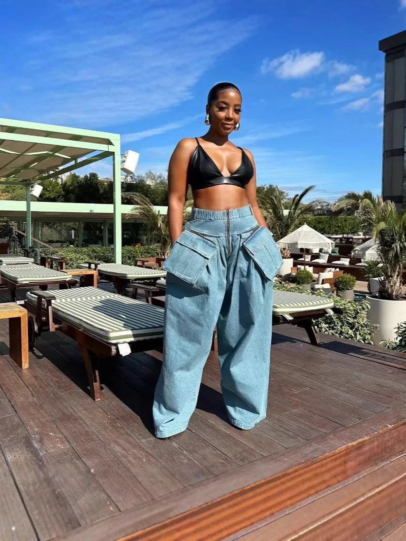 Ensemble Jean 2 Pièces Femme Vintage | Manteau & Pantalon Large Taille Haute | Fermeture Éclair | Streetwear
