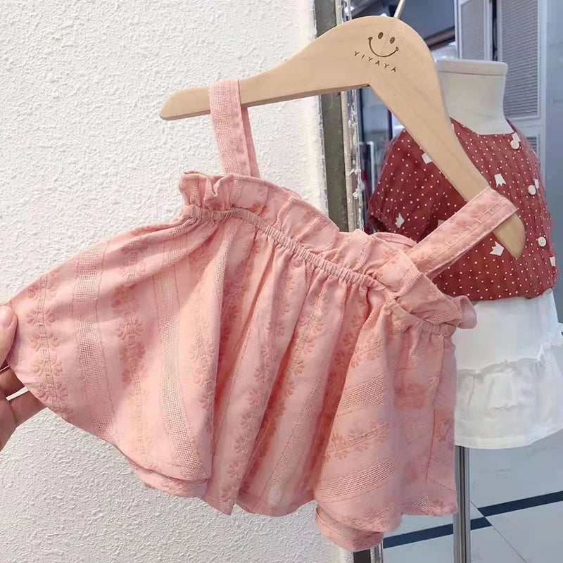 Girls Outfit Set 2026 Summer Clothing Sets Hollow Lace Suit Baby Casual Sleeveless T-shirt+Shorts Kids Clothes Sets Baby Clothes