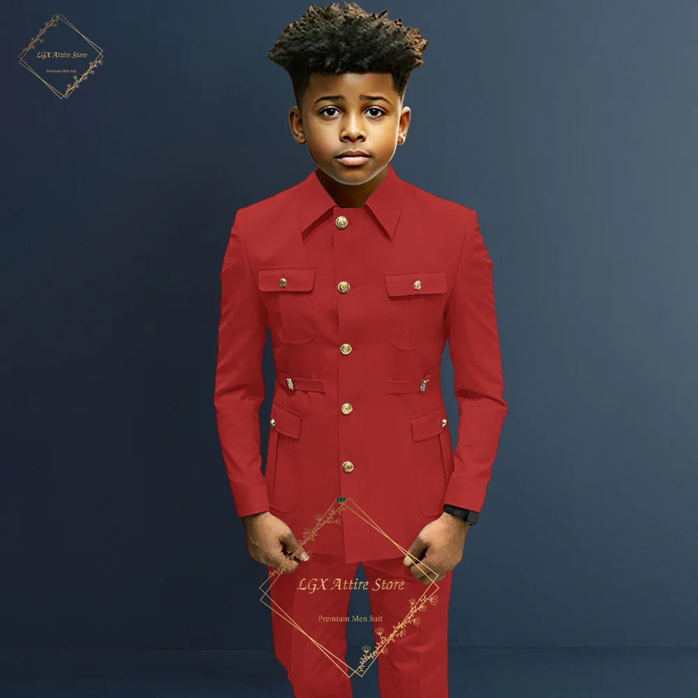 Boys single-breasted formal 2-piece suit, boys Zhongshan suit style long coat classic design suitable for ages 2-16