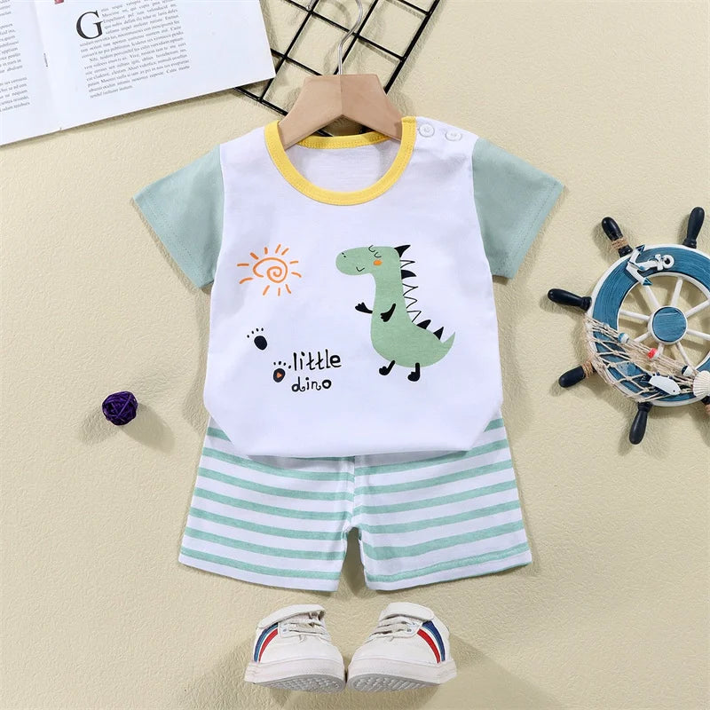 Pyjama 2 Pièces Enfant Coton | T-Shirt & Short | Cartoon Ours Dinosaure | Bébé 1-4 Ans Été
