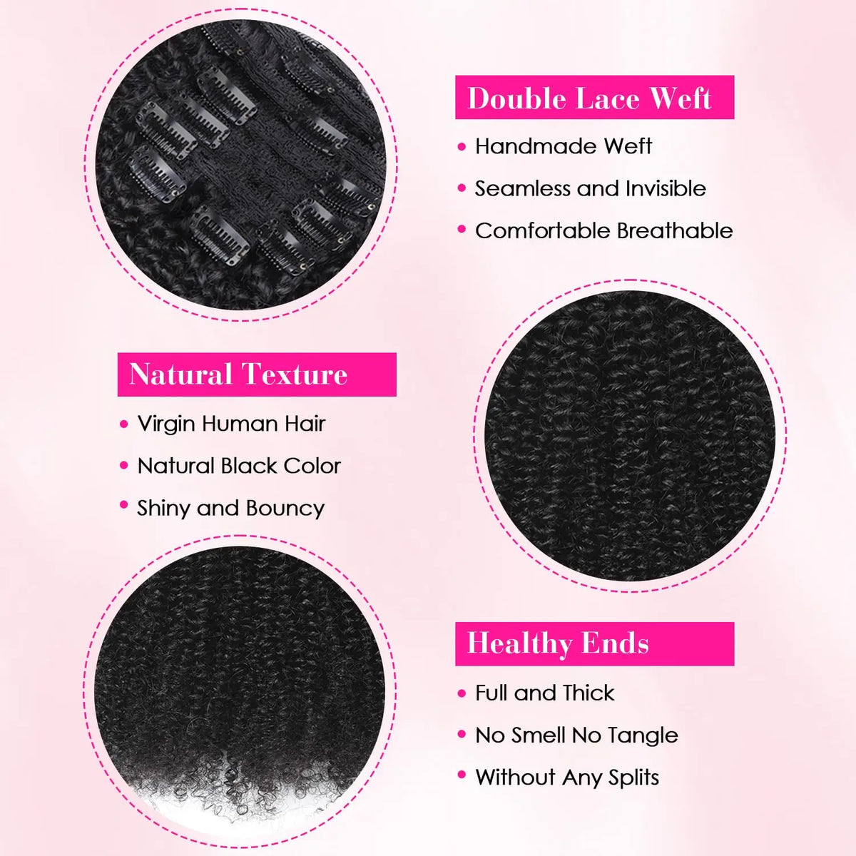 Extensions à Clips Afro Curly Kinky | 10-24 Pouces | 120g 8 Pièces | Cheveux Humains Remy | Volume Complet