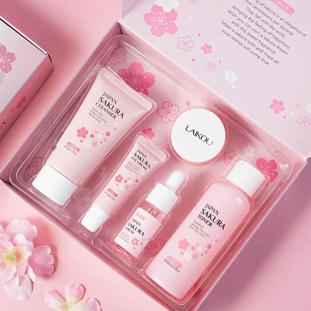 Sakura skin care sets with cleanser, serum, eye cream, facial cream, beauty products for women, travel skin care kit