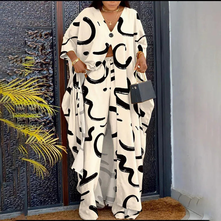 Plus Size Two-piece Set Women's Outfits Elegant V-neck Button-up Printed Seven-quarter Sleeve Blouse and Drawstring Pants Suit