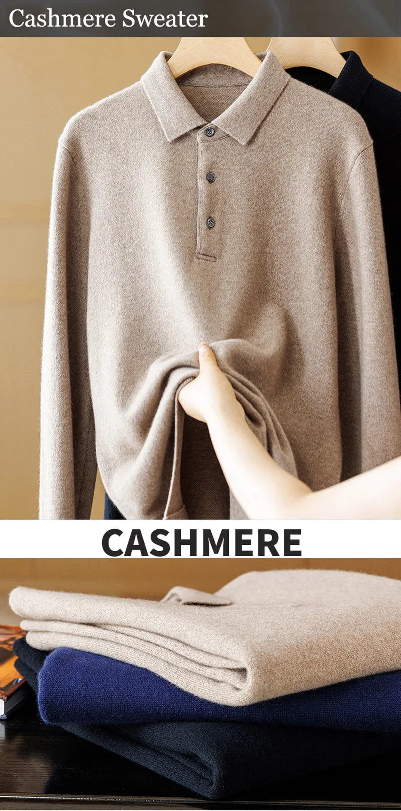 Luxury Men's Cashmere Sweater 100% Merino Wool Buttoned Pullover Autumn Winter Polo Collar Knitwear Male Casual Warm Jumper Tops