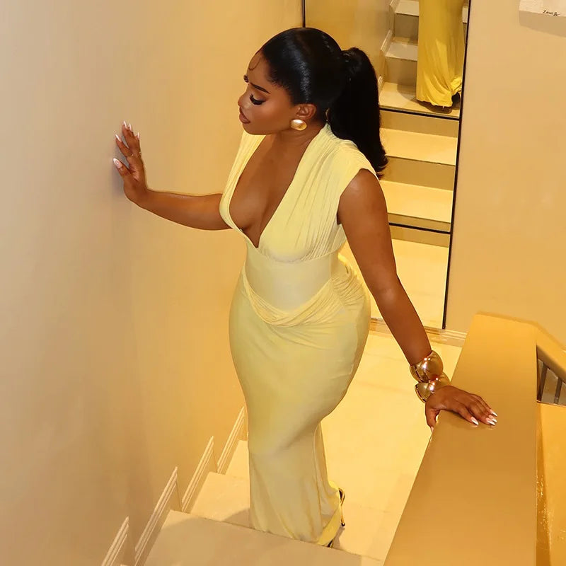 Robe Maxi Bodycon Jaune Froncée | Col V Sans Manches | Slim Longue | Soirée & Club | Femme