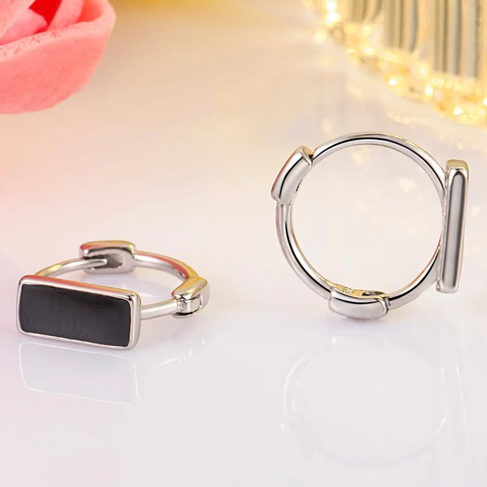 925 Sterling Silver Geometric Black Hoop Earrings for Women Wedding Party Jewelry Gift Pendientes Mujer Moda