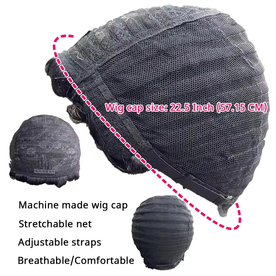 Pixie Cut Human Hair Wig 6" Layered Short Loose Curly With Bangs Remy Brazilian Hair Rose Net Cap Full Machine Made Wigs