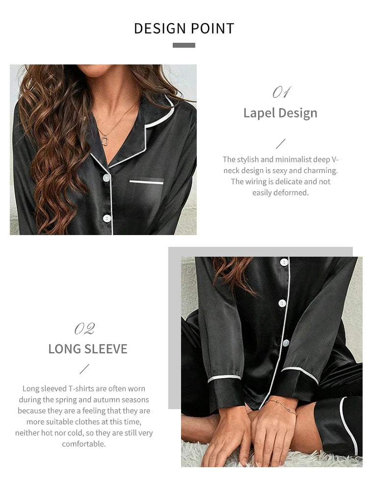 Plus Size Pajamas Women Fall and Winter Ice Silk Long Sleeve Two Piece Set Loungewear Nightwear Ladies Solid Color Sleepwear