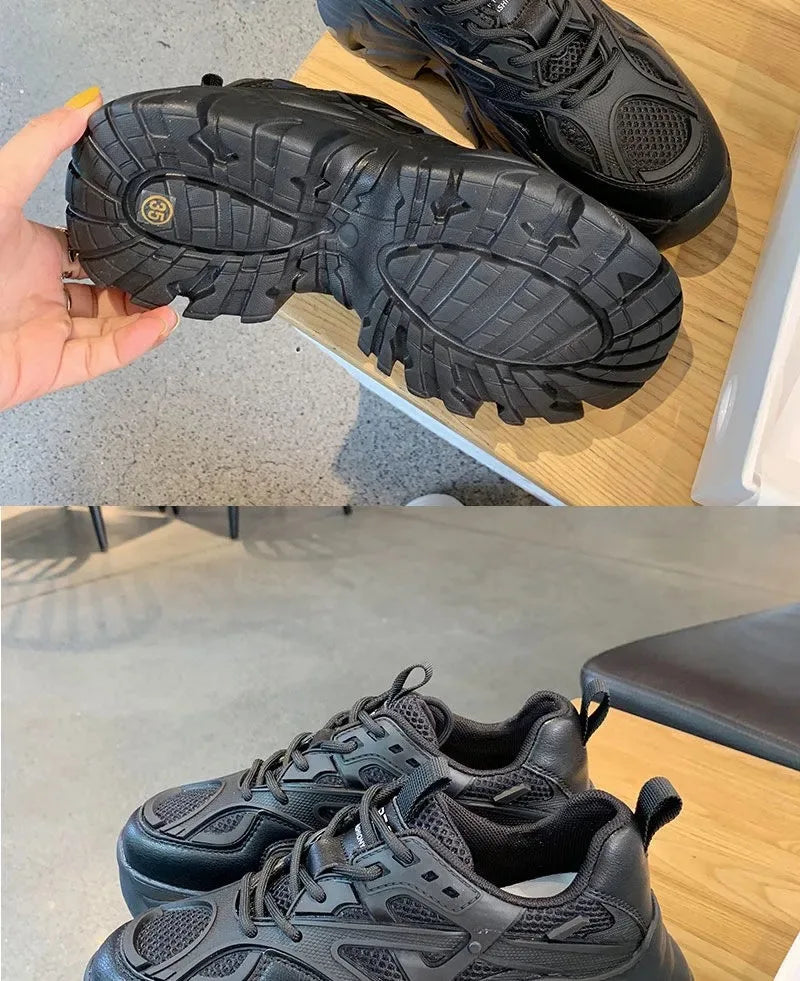 2024 New Summer Black Chunky Casual Sneakers Women New Fashion Platform Sport Shoes Mesh Leather Platform Shoes