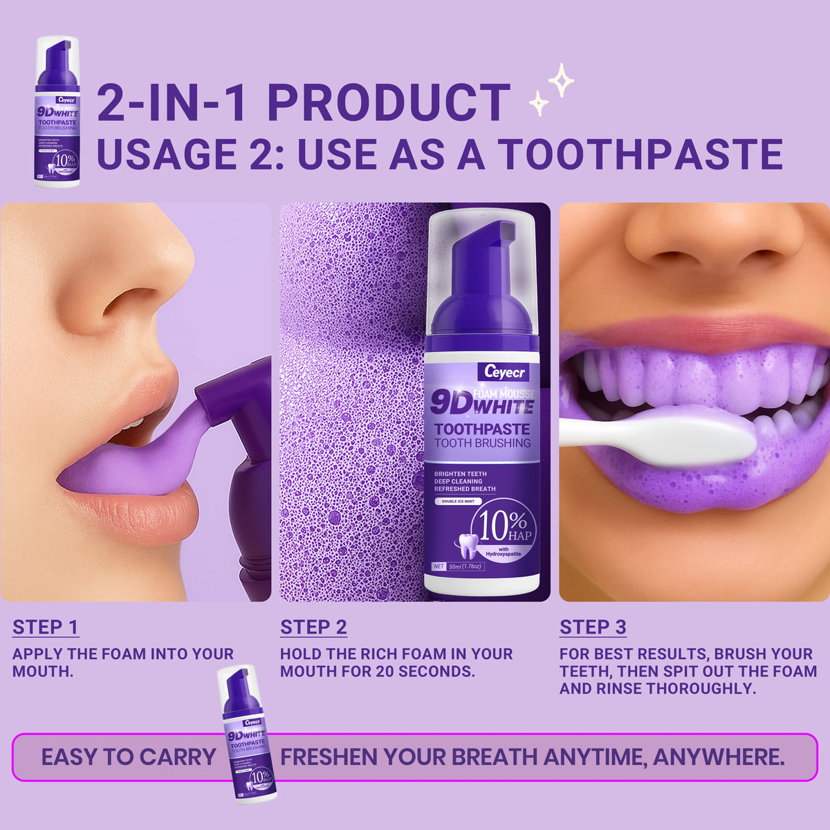 Mousse Dentifrice Blanchissante 9D | Élimine Dents Jaunes & Taches | Haleine Fraîche | Soin Dentaire
