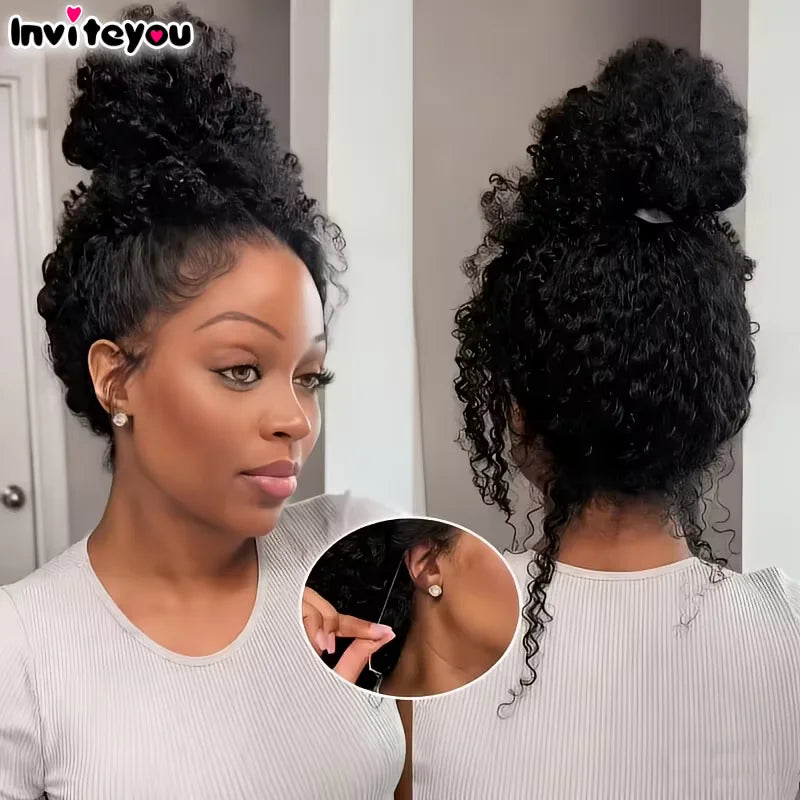 No Glue Upgrade 30 inch 250% HD 360 Lace Front Kinky Curly Wig Drawstring Lace Black Human Hair Water 360 Full Glueless Wigs