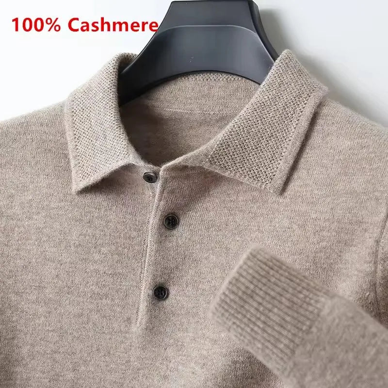 Luxury Men's Cashmere Sweater 100% Merino Wool Buttoned Pullover Autumn Winter Polo Collar Knitwear Male Casual Warm Jumper Tops