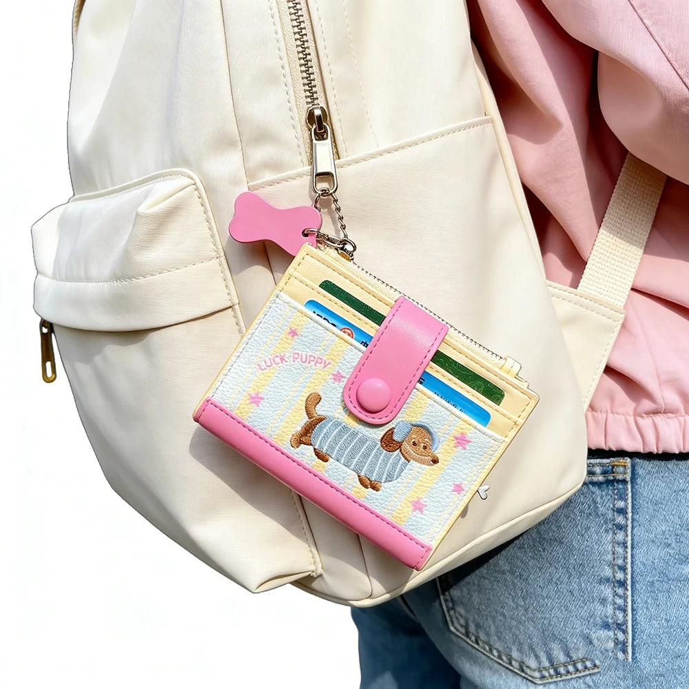 Women's Cute Cartoon Embroidered Sausage Dog Wallet Zipper Coin Purse Double Fold Card Holder Wallet Ultra Thin Leather Money Clip