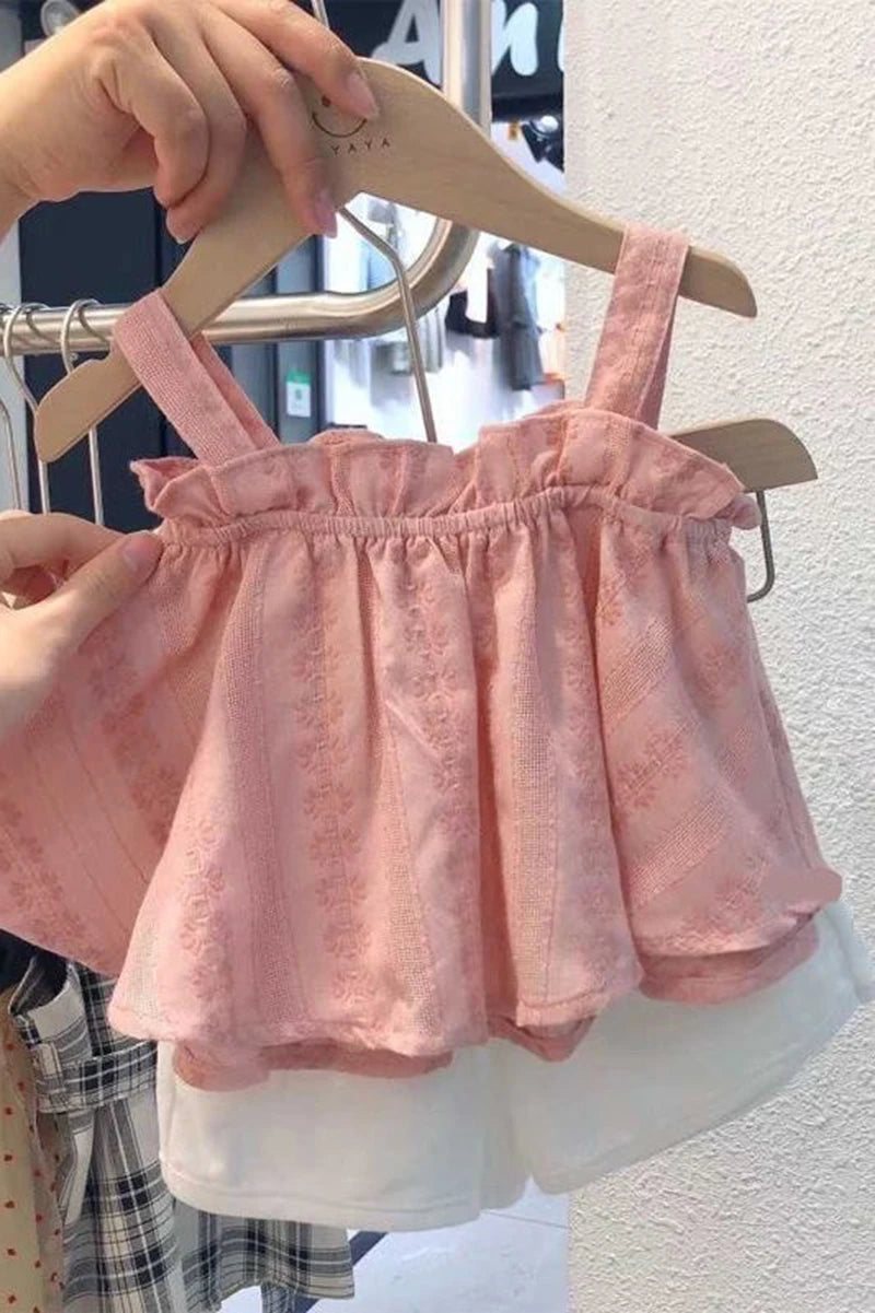 Girls Outfit Set 2026 Summer Clothing Sets Hollow Lace Suit Baby Casual Sleeveless T-shirt+Shorts Kids Clothes Sets Baby Clothes