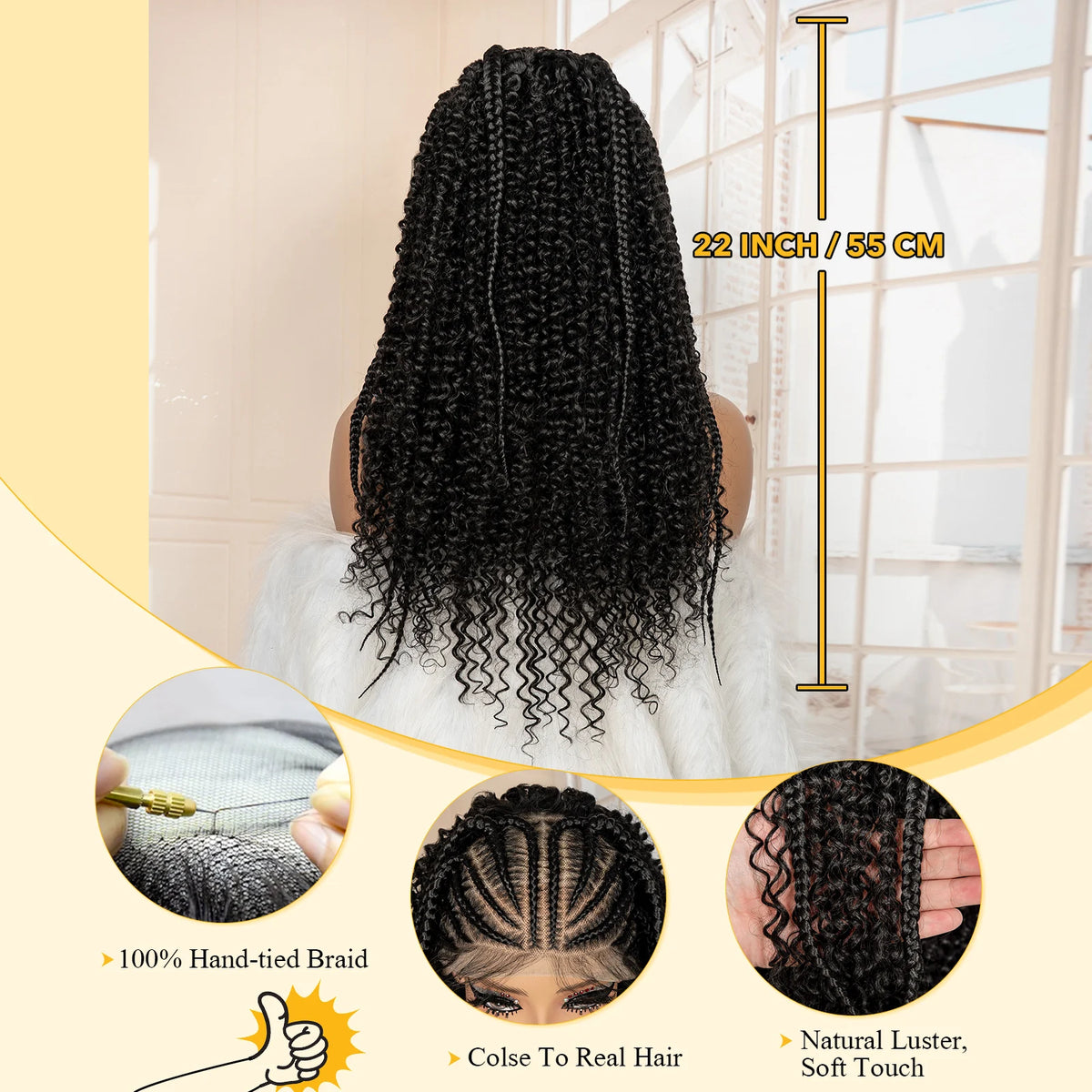 13x6 Lace Frontal Synthetic Braids Wig 22 Inches Cornrow Braided Wig with Curly Handmade Knotless Braiding Wig for Black Women