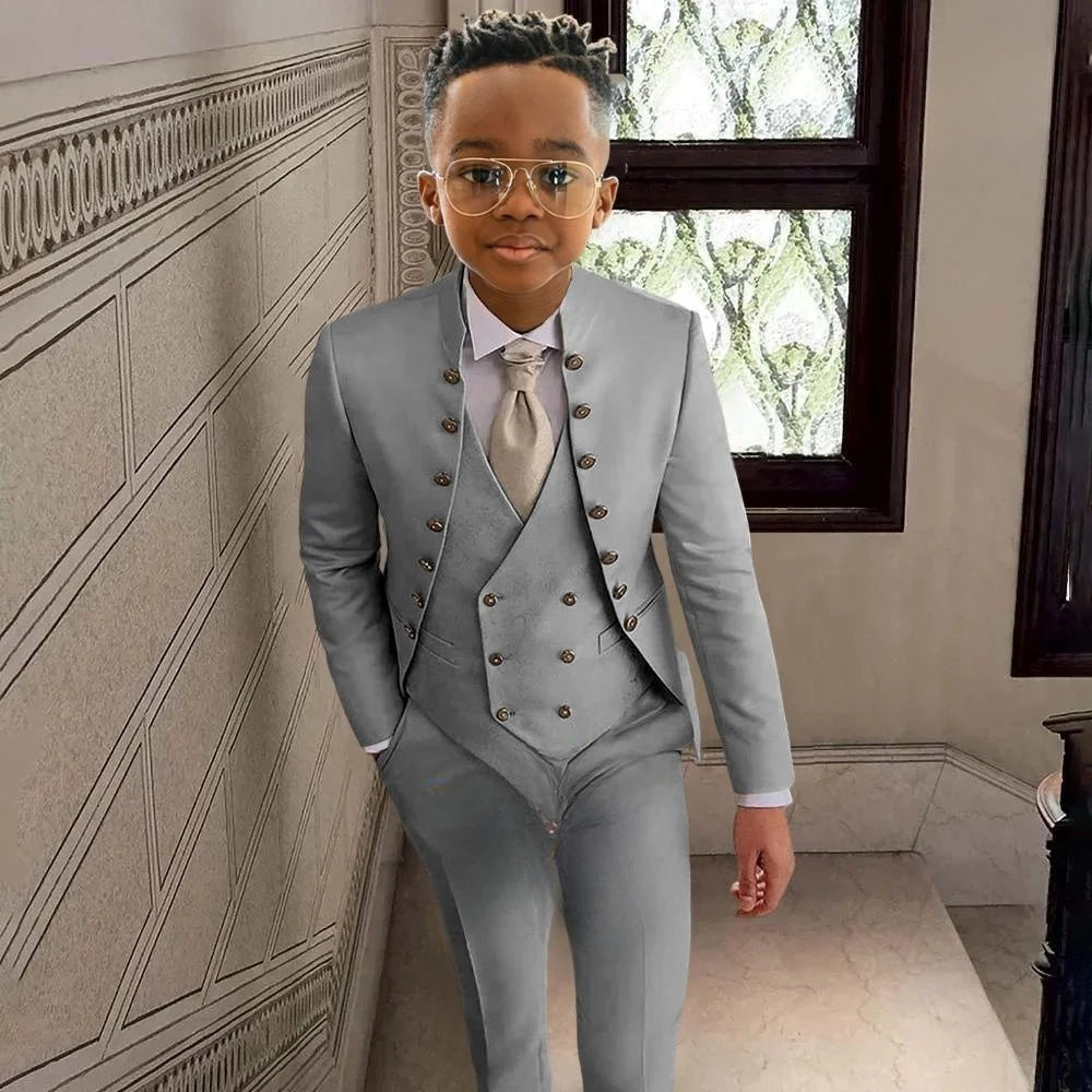 Fashionable Kids Stand-up Collar Suits 3 Pieces Jacket Vest Pants Performance Outfit Comfortable Boys Tuxedo Wedding Guest Wear