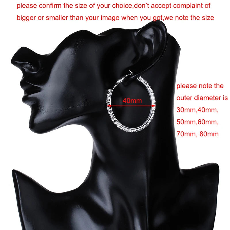 Grandes Boucles Créoles 30-80mm | Cristal Strass Cercle | Noir Or Argent | Femme Fille | Fête Cadeau