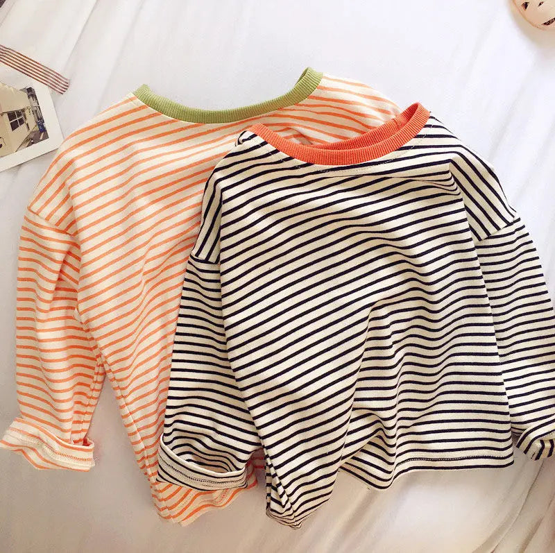 Boys and Girls Long-Sleeved T-shirt, Children's Base Layer, Spring and Autumn Pure Cotton Casual Versatile Striped Baby Top