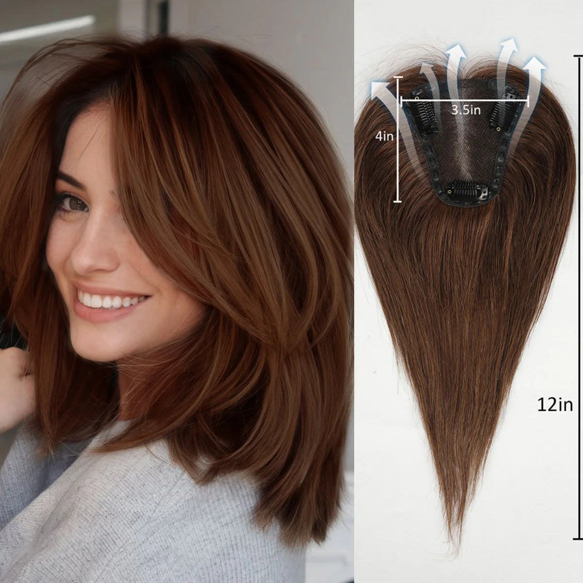 Topper Cheveux Remy 100% | Brun Ombré | 12 Pouces | Lace Base Milieu | Clip | Pour Cheveux Clairsemés | Femme