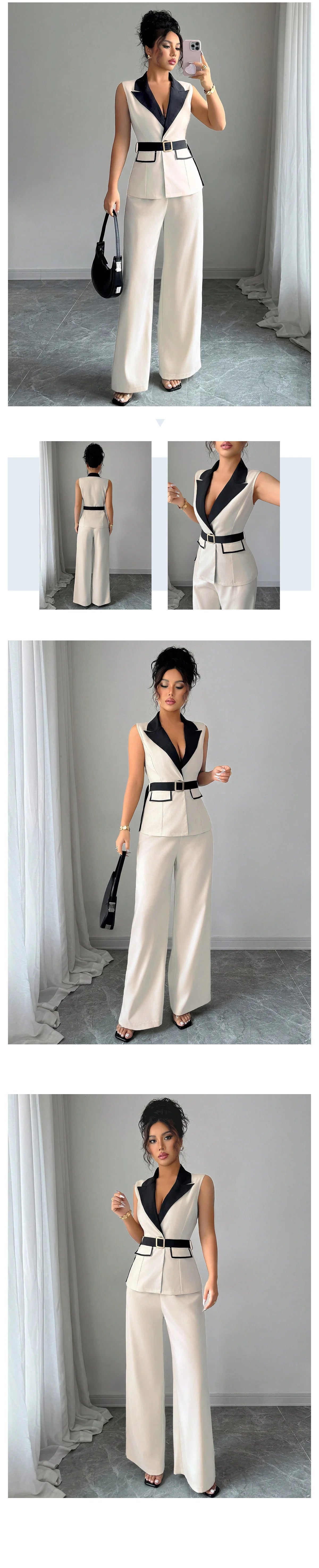 Ensemble gilet blazer sans manches élégant pour femme avec pantalon large et ceinture