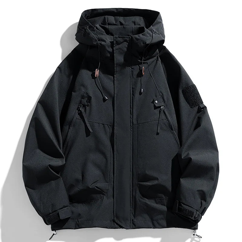 Coupe-vent homme Veste à capuche Manteau zippé Cargo Imperméable Blouson bomber noir Camping Veste de randonnée à capuche Softshell fine et ample