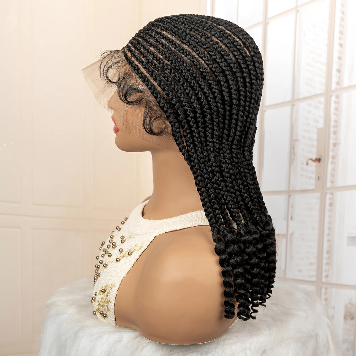 Full Lace Braided Wig with Curly Ends Synthetic Cornrow Braids Wig for Black Women Lace Frontal Afro Knotless Braiding Wigs