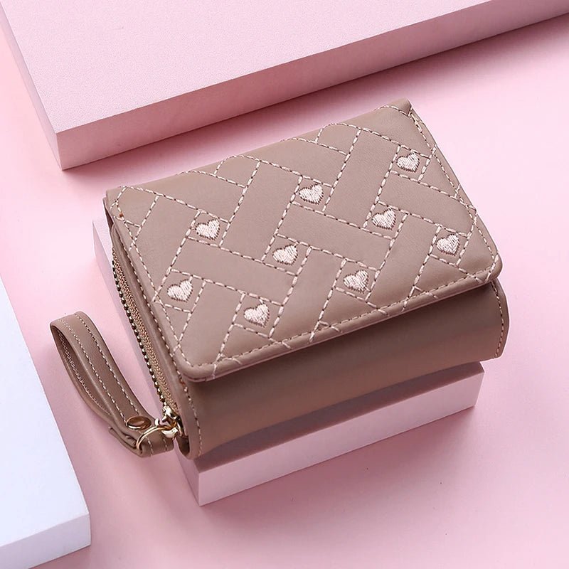 Women's Tri-Fold Wallet PU Card Holder Multi-Object Pocket Short Fashion Embroidered Love Pattern Korean Minimalist New 2023