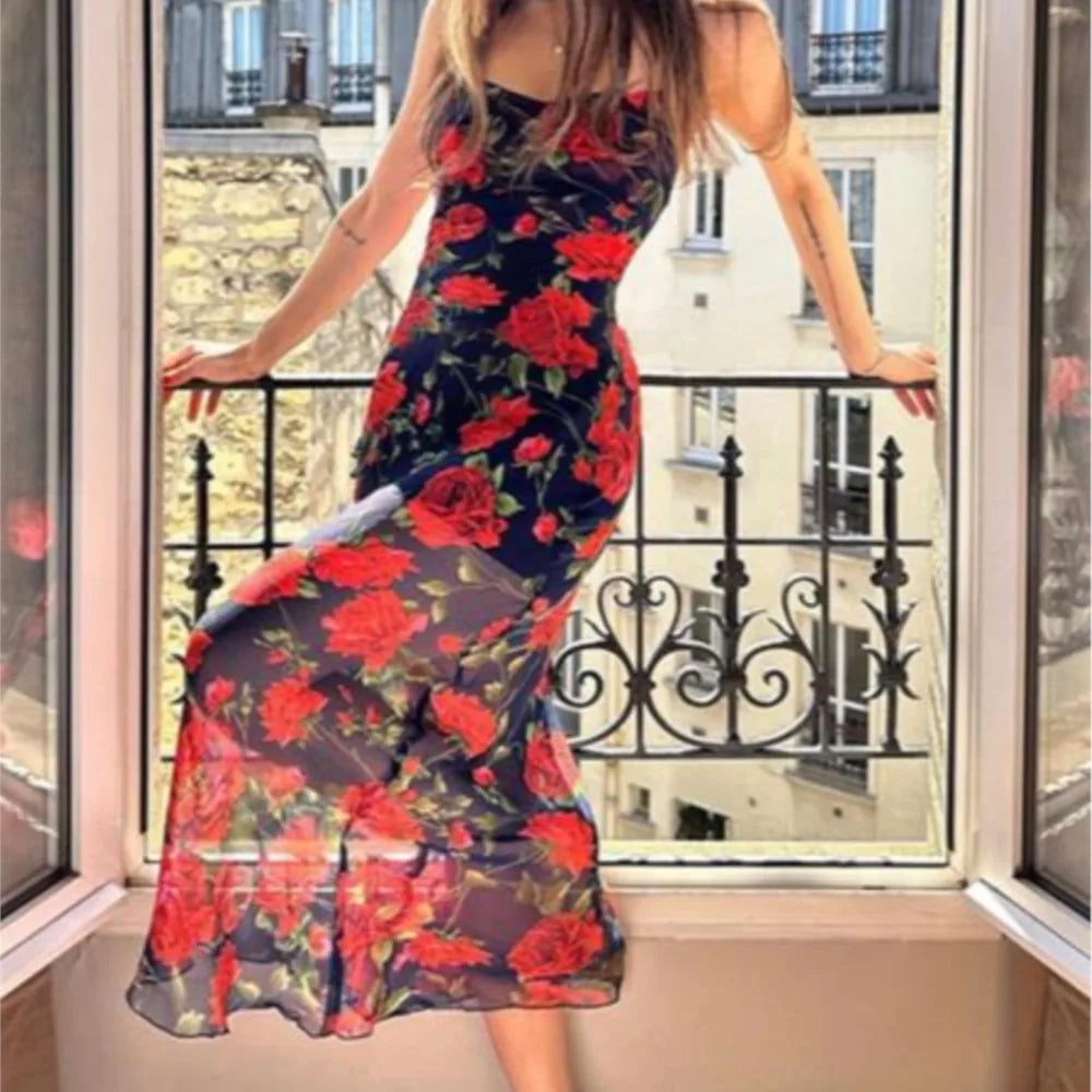 Party Dresses For Women Sexy Bodycon Floral Print Sleeveless Evening Dress Package Hip Contrast Vestidos Temperament Trendy Slim