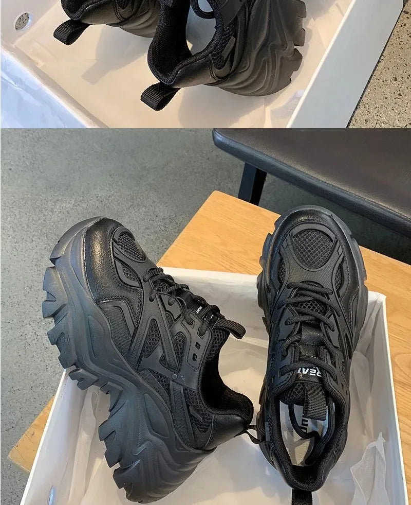2024 New Summer Black Chunky Casual Sneakers Women New Fashion Platform Sport Shoes Mesh Leather Platform Shoes