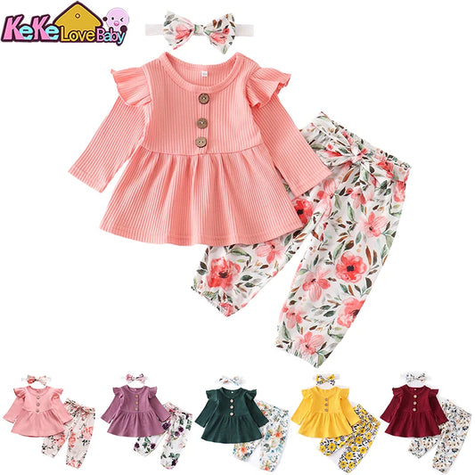 Newborn Baby Girl Clothes Set Solid Knit Long Sleeve Tops Floral Print Pants Headband 3Pcs Outfits Casual Infant Clothing