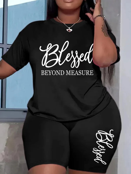 Ensemble 2 Pièces Grande Taille Femme Été | Imprimé Blessed | Short Sets Élégant | Offres Mode