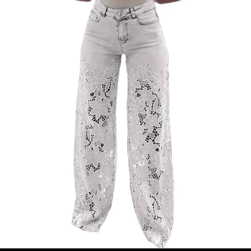 Jean Femme Taille Haute Jambe Large | Dentelle Ajournée Denim | Coton Printemps-Été | Style High Street | XS à XXXL