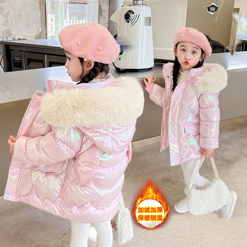 Doudoune Longue Fille Licorne | Imperméable Brillante | Col Fourrure Capuche | Parka Enfant Hiver