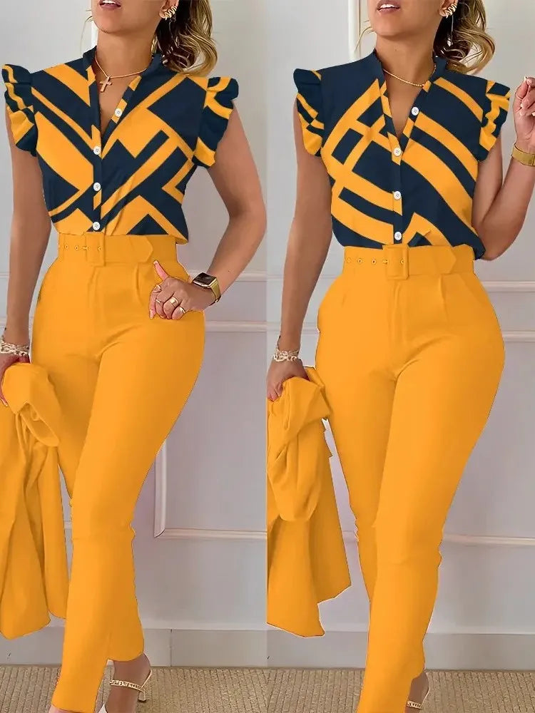 Women's Elegant Slim Two-Piece Sets Summer Fashion Print V Neck Button Flying Sleeve Shirt Top & Solid Long Pants Suits With Belt