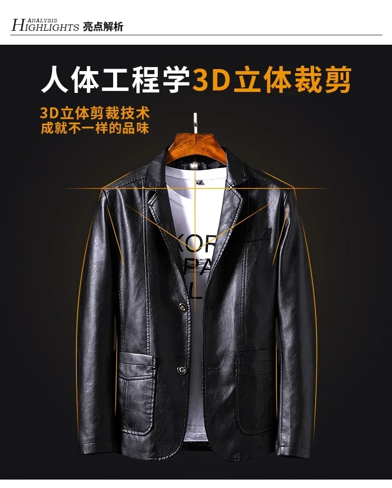 New Leather Jacket Men's Business Casual Lapel PU Leather Blazers Fashion Solid Slim Korean Style Leather Coat Big Size 6XL