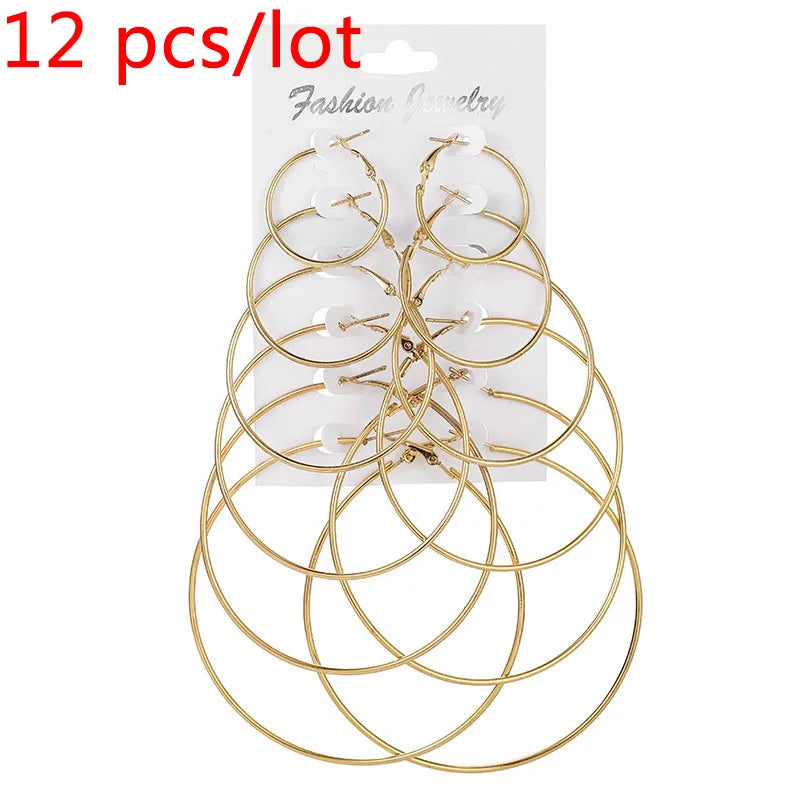 Set 12 Boucles Créoles Femme | Couleur Or | Grandes Rondes | Set Loop Élégant | Bijou Mode Tendance